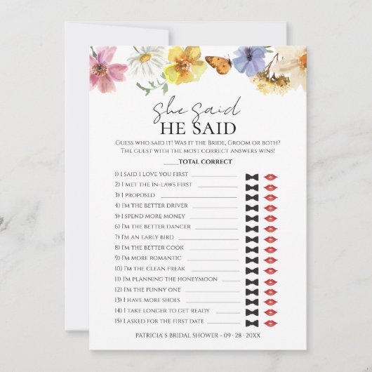 Hij zei dat ze zei | Boho Vrijgezellenfeest Game K Kaart (Voorkant)