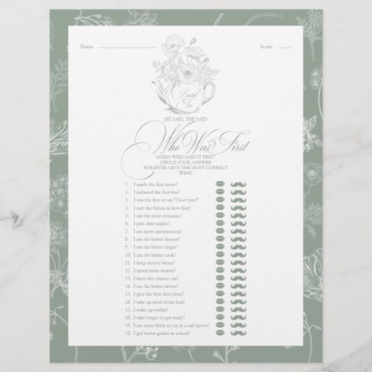 Hij zei dat ze zei dat Sage Green Bridal Tea Showe (Voorkant)