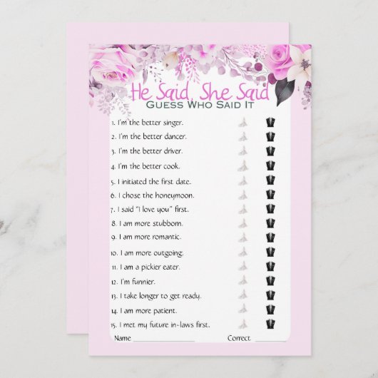 Hij zei dat ze zei dat Vrijgezellenfeest Game Kaart (Voorkant / Achterkant)