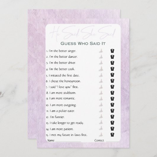 Hij zei dat ze zei dat Vrijgezellenfeest Game Kaart (Voorkant / Achterkant)