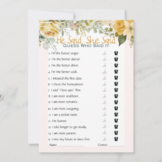 Hij zei dat ze zei dat Vrijgezellenfeest Game Kaart (Voorkant)