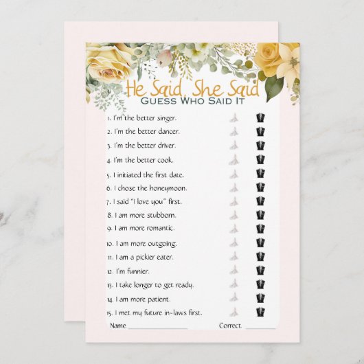 Hij zei dat ze zei dat Vrijgezellenfeest Game Kaart (Voorkant / Achterkant)