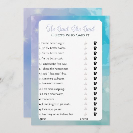 Hij zei dat ze zei dat Vrijgezellenfeest Game Kaart (Voorkant / Achterkant)