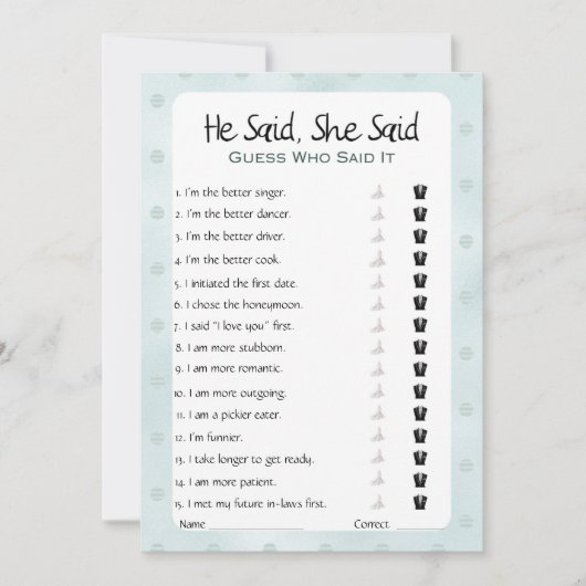 Hij zei dat ze zei dat Vrijgezellenfeest Game Kaart (Voorkant)