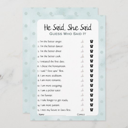 Hij zei dat ze zei dat Vrijgezellenfeest Game Kaart (Voorkant / Achterkant)