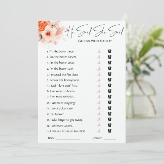 Hij zei dat ze zei dat Vrijgezellenfeest Game Kaart (Staand voorkant)