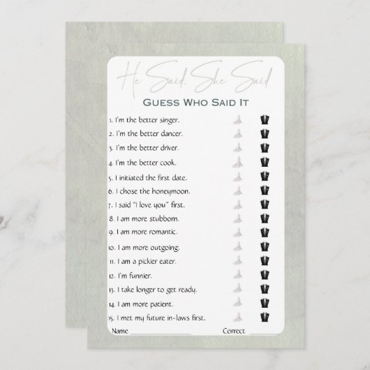 Hij zei dat ze zei dat Vrijgezellenfeest Game Kaart (Voorkant / Achterkant)