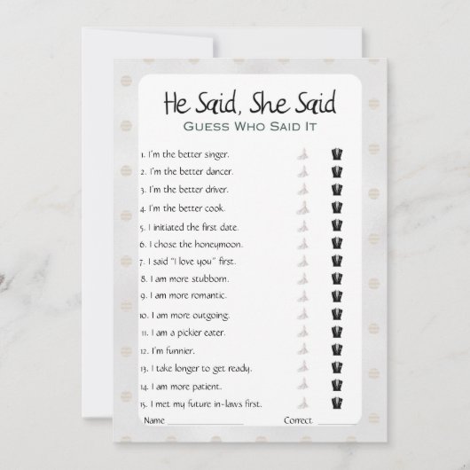 Hij zei dat ze zei dat Vrijgezellenfeest Game Kaart (Voorkant)