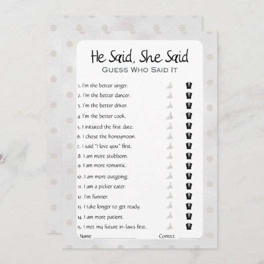 Hij zei dat ze zei dat Vrijgezellenfeest Game Kaart (Voorkant / Achterkant)