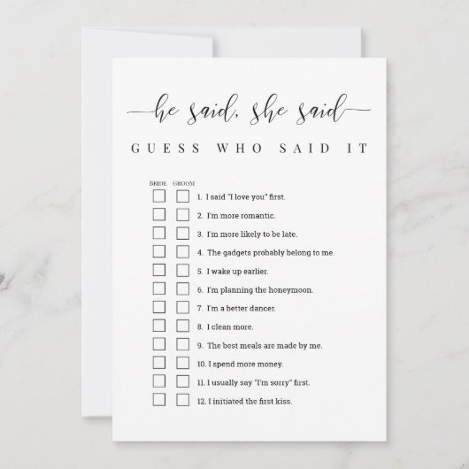 Hij zei dat ze zei dat Vrijgezellenfeest Game Kaart (Voorkant)