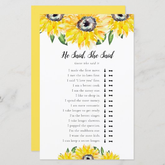 Hij zei dat ze Zonnebloem Vrijgezellenfeest Game z (Voorkant / Achterkant)