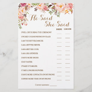 Hij zei dat zij zei Roze koppel shower spelkaart Flyer