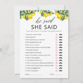 Hij zei, zij zei spelkaart citroen bruidsdouche kaart (Voorkant)