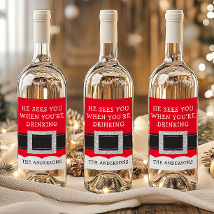 Hij ziet je als je kerstman Drink Wijn Etiket