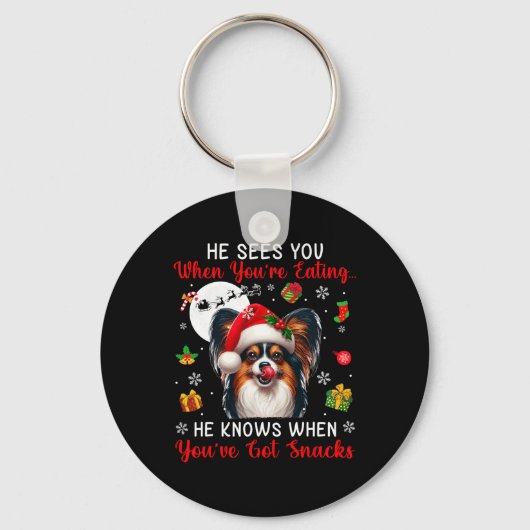 Hij ziet wanneer je snacks eet, Xmas Papillon Ow Sleutelhanger (Voorkant)