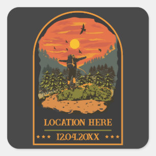 Hikend squad matching family camping trip retro vierkante sticker