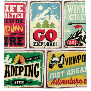 Hiking and camping signs collection. Outdoor Douchegordijn