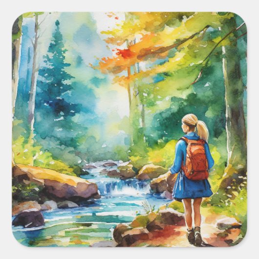 Hiking Girl Vierkante Sticker (Voorkant)