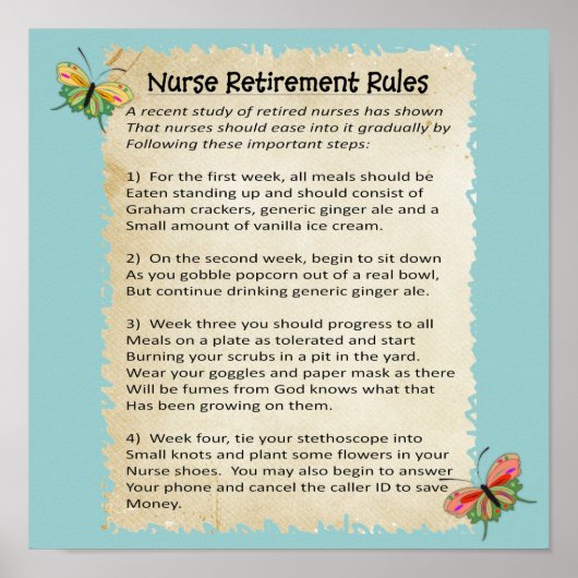Hilarious "Nurse Retirement Rules" Poster 12x12" (Voorkant)