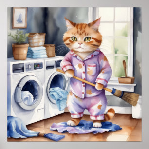 Hilarisch Schattige Kat in Pyjama Doing Wasserij Poster
