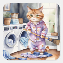 Hilarisch Schattige Kat in Pyjama Doing Wasserij Vierkante Sticker