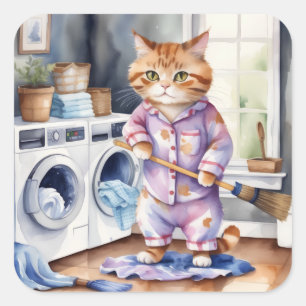 Hilarisch Schattige Kat in Pyjama Doing Wasserij Vierkante Sticker