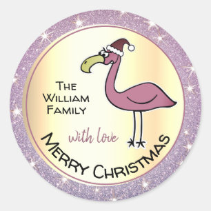 Hilarisch X-Mas Flamingo Licht Paarse Glitter Goud Ronde Sticker