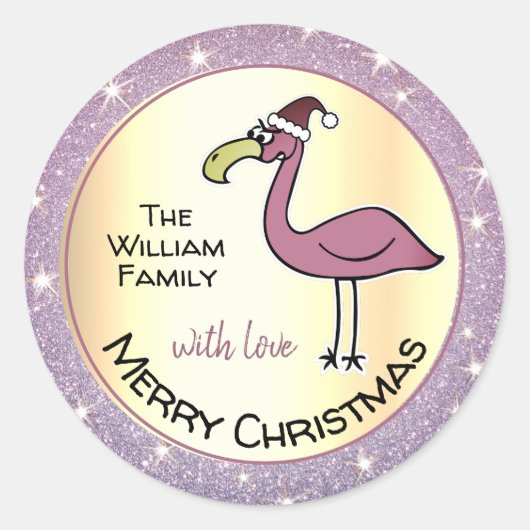 Hilarisch X-Mas Flamingo Licht Paarse Glitter Goud Ronde Sticker (Voorkant)