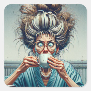Hilarische dame met rommelige broodjes en koffie vierkante sticker
