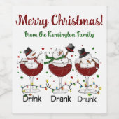 Hilarische "Drink, Drink, Drink" Sneeuwman en Wine Wijn Etiket (Enkel label)