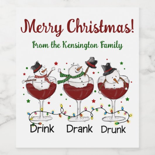 Hilarische "Drink, Drink, Drink" Sneeuwman en Wine Wijn Etiket (Enkel label)