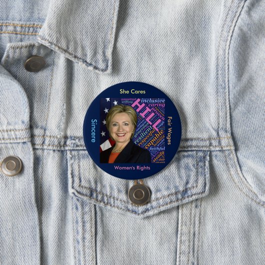 Hillary Clinton Pres, Flag en Caring Words Button (In situ)