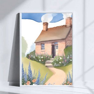 Hillside Cottage Aquarel Bakstenen Huis Schilder Poster