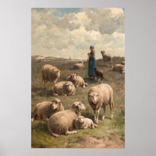 Hillside Landscape met Sheep en Shepherdess Poster (Voorkant)