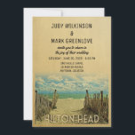 Hilton Head Beach Vintage Wedding Invitation<br><div class="desc">Vintage Hilton Head South Carolina Wedding Invitations présentant une belle scène de plage de sable avec clôture en bois et nuages bouffants dans un ciel bleu. Ce design rétro cool du milieu du siècle est le moyen idéal pour rassembler les invités à votre mariage de plage de destination. Correspondance Enregistrer...</div>