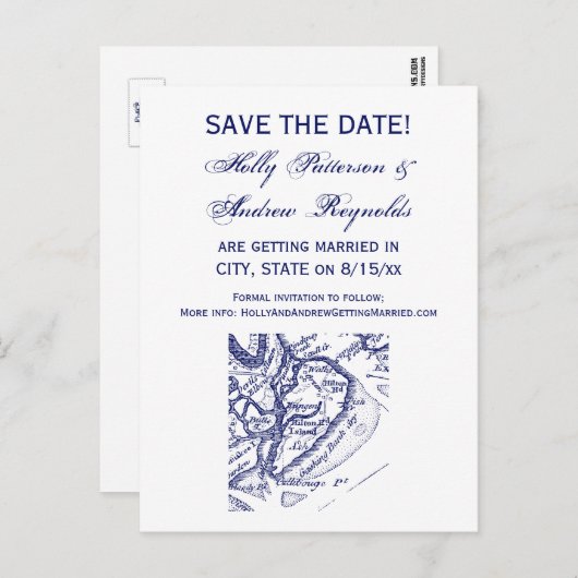 Hilton Head Island SC  Map Navy Blue Aankondigingskaart (Voorkant / Achterkant)