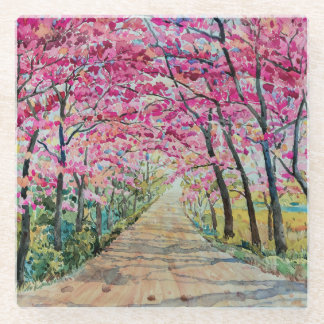 Himalaya Cherry Roadside Waterverf Landschap Glazen Onderzetter
