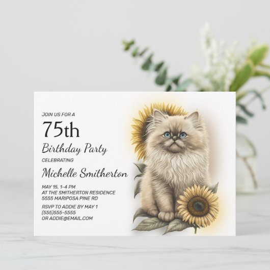 Himalayan Kitten Cat Sunflower 75e verjaardag Kaart (Staand voorkant)