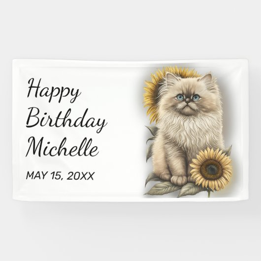 Himalayan Kitten Cat Sunflower Happy Birthday Spandoek (Horizontaal)