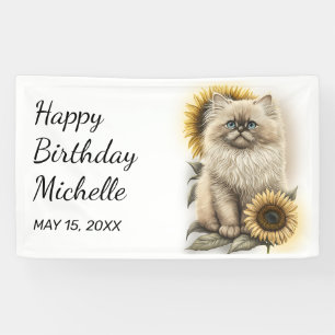 Himalayan Kitten Kat Zonnebloemen Gelukkige Verjaa Spandoek