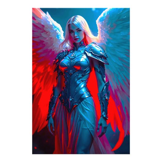 Himmlische Engelsschönheit in silberner Rüstung Foto Afdruk (Voorkant)