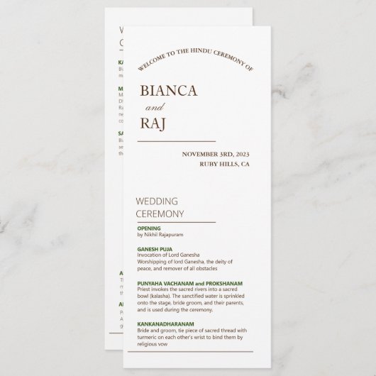 HINDOE CEREMONIE BRUILOFT PROGRAMMA (Voorkant / Achterkant)