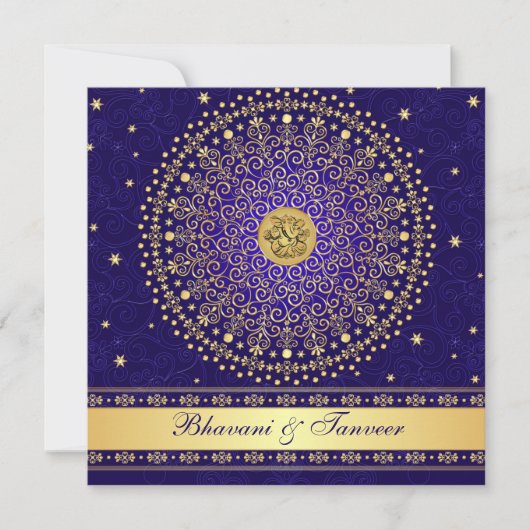 Hindoe Ganesh Blauw Goud Rollen Bruiloft Uitnodige Kaart (Voorkant)