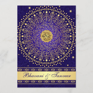 Hindoe Ganesh Blauw Goud Rollen Bruiloft Uitnodige Kaart