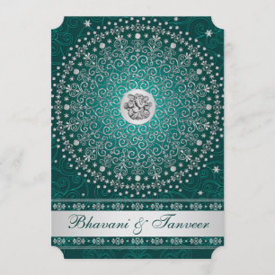 Hindoe Ganesh Blauwgroen, Silver Scrolls Bruiloft Kaart