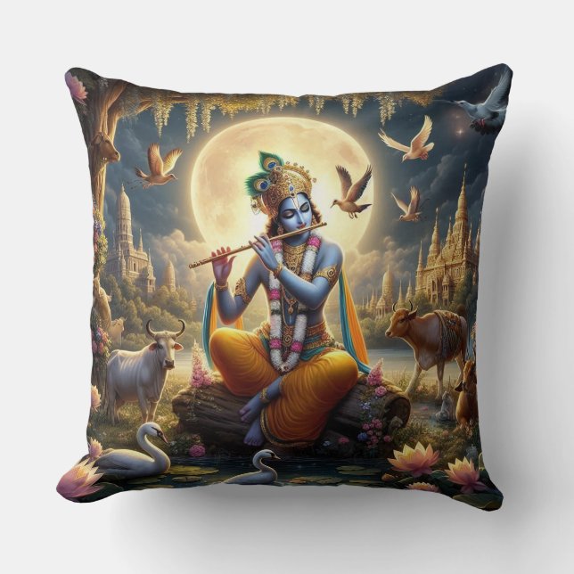 Hindoe God Krishna met fluit - Sierkussen (Voorkant)