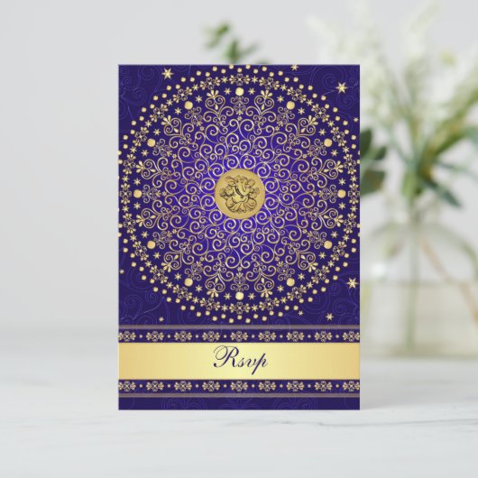 Hindoestaanse Ganesh Blauwe Gouden Rollen Trouw RS RSVP Kaartje (Staand voorkant)