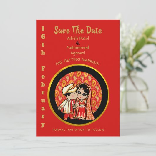 Hindoestaanse trouwkaarten Rood Goud Cartoon Koppe Save The Date (Staand voorkant)