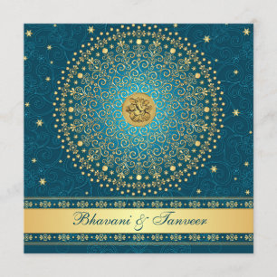 Hindu Ganesh Blauwgroen, Gold Scroll Wedding Invit Kaart