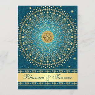 Hindu Ganesh Blauwgroen Gold Scroll Wedding Invite Kaart